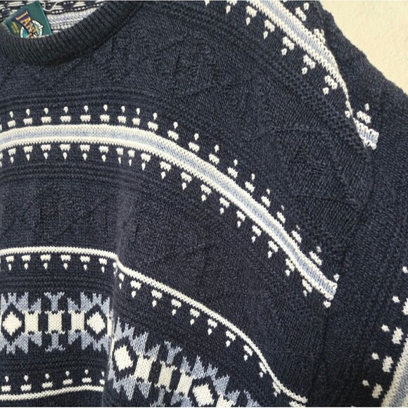 Vintage 90s Jantzen Mens Blue Textured Aztec Grandpa Sweater - Picture 7 of 11
